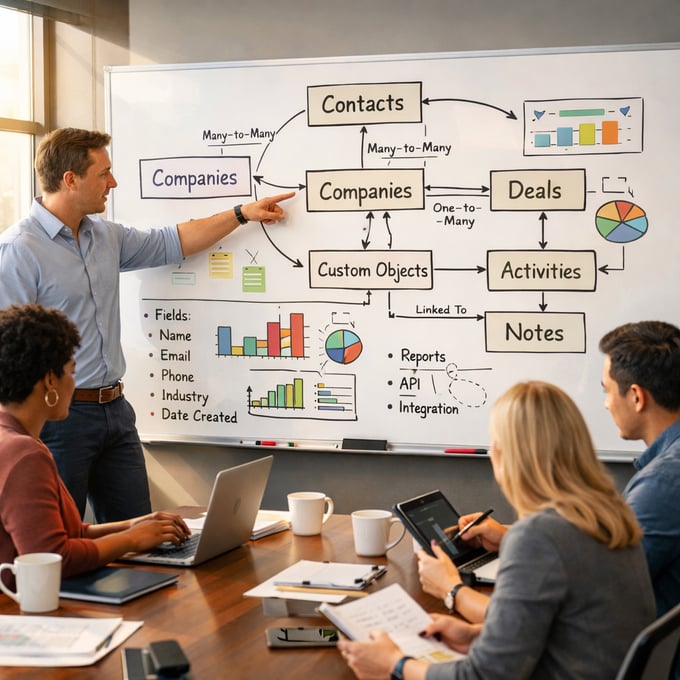 Modern Office Brainstorming Session with Data Model Whiteboard