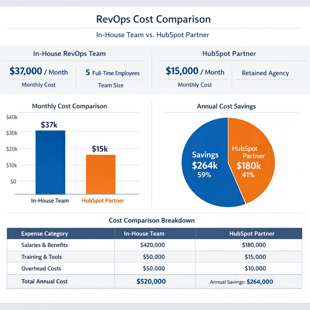 Executive dashboard illustration comparing cost lines for in-house RevOps versus a retained HubSpot partner on a clean B2B chart.