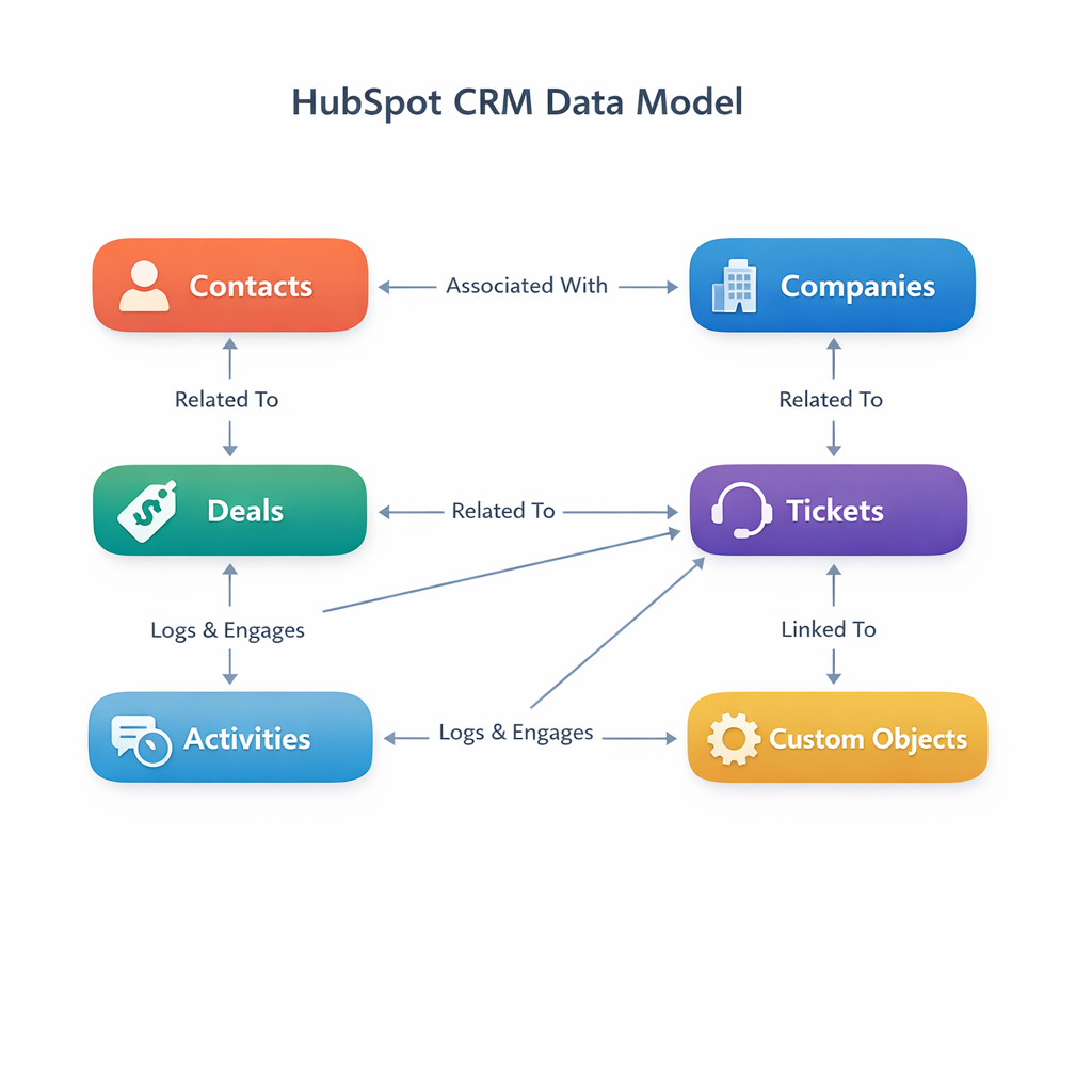 Clean SaaS-style HubSpot CRM data model diagram with objects and associations on a white background.