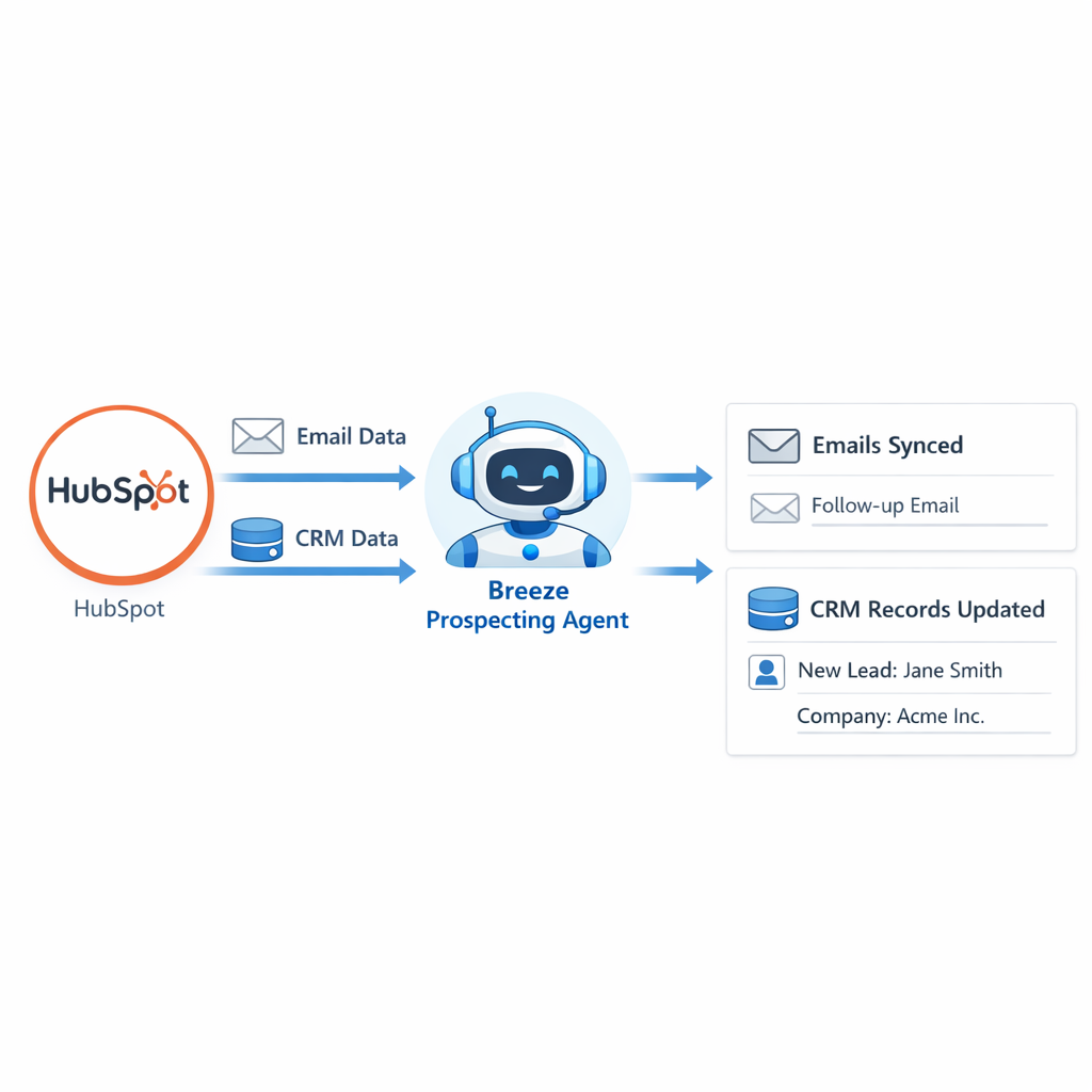 Clean SaaS-style diagram of HubSpot connected to a Breeze Prospecting Agent with CRM records and emails flowing between them on a white background.