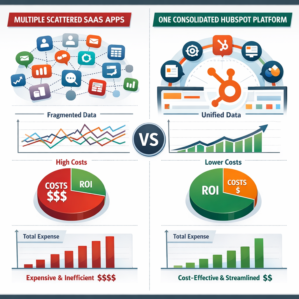 Executive dashboard style illustration comparing scattered SaaS tools versus one consolidated HubSpot-centric platform with charts and cost comparisons.