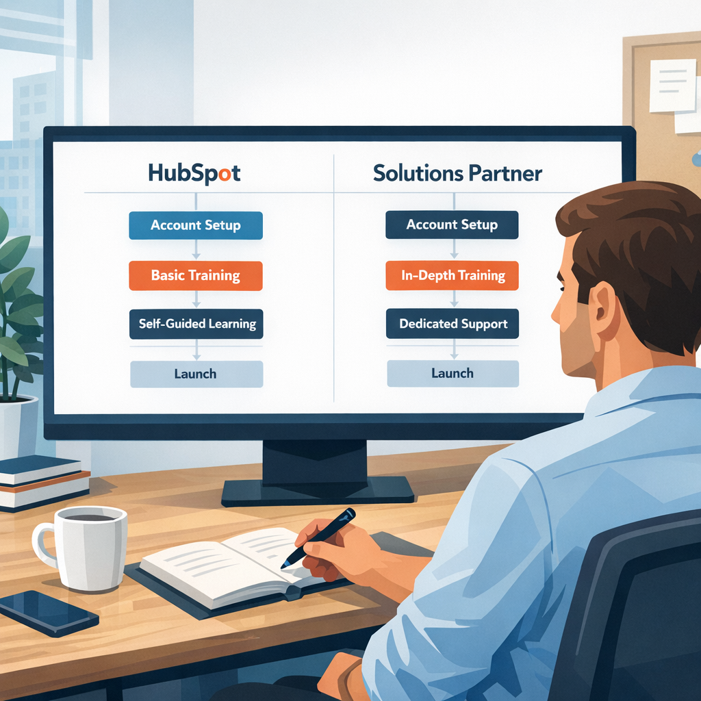 Operations leader looking at a dashboard comparing HubSpot-led onboarding and Solutions Partner onboarding paths in a modern B2B office.