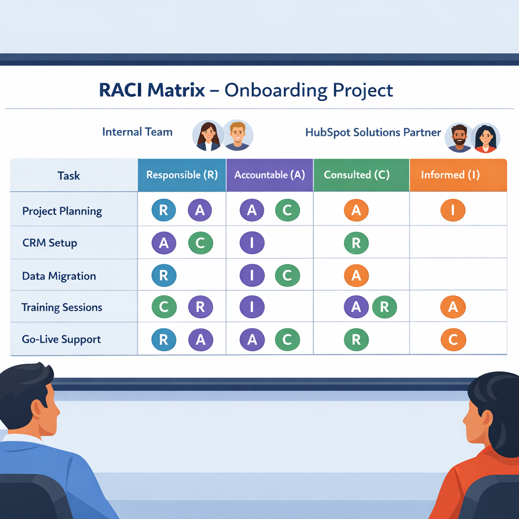 Conference room view of a RevOps leader and a HubSpot Solutions Partner mapping a RACI matrix for onboarding on a large screen.