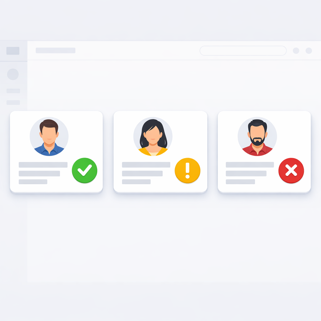Customer success dashboard illustration with customer cards and green, yellow, red health score indicators.