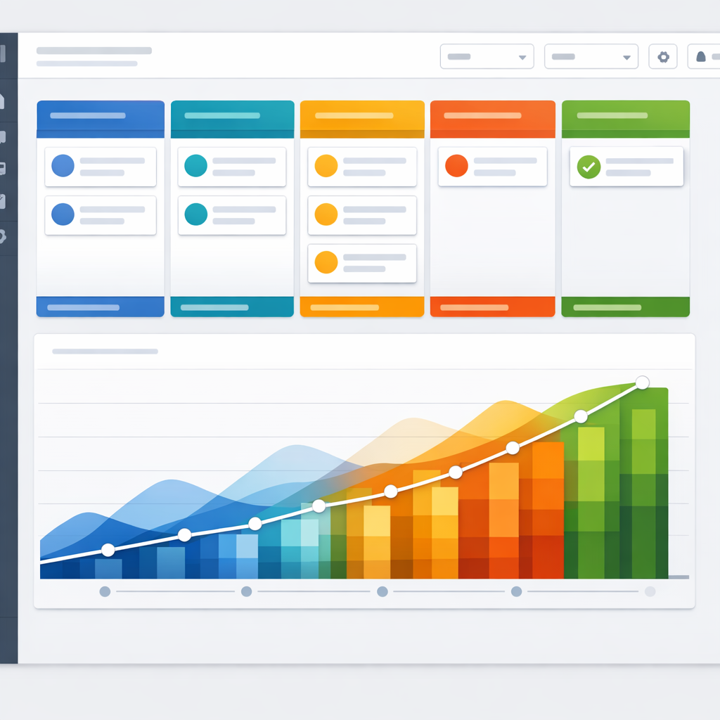 Sales pipeline dashboard illustration with deal stages and forecast chart overlay in a clean SaaS style.